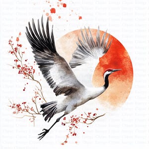 Japanese Crane Clipart | 5 High Quality JPG&#39;s | Digital Download | Elegant Bird Art | Watercolor Crane | Junk Journals | Digital crafting
