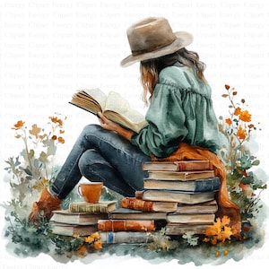 May include: A woman wearing a brown hat and a green shirt sits on a pile of books in a field of flowers. She is reading a book and has a cup of coffee next to her.