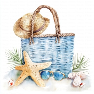 Beach Bag Clipart | 5 High Quality JPGs | Digital Download | Wall Art | Watercolor Beach Bag | Printable Watercolor Clipart | Paper Craft