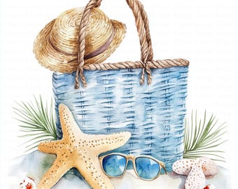 Beach Bag Clipart | 5 High Quality JPGs | Digital Download | Wall Art | Watercolor Beach Bag | Printable Watercolor Clipart | Paper Craft