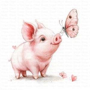 Clipart Porcelet & Papillons | 5 fichiers JPG de haute qualité | Téléchargement numérique | Cochon avec papillon | Fabrication de cartes | Impressions numériques | Animaux mignons