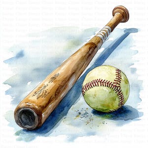 Akwarelowy Softball Bat Clipart | 5 wysokiej jakości JPG | Pobieranie cyfrowe | Grafika sportowa | Sztuka gier | Dekoracje sportowe | Rękodzieło papierowe