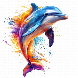 Aquarel kleurrijke dolfijnen clipart | 5 JPG's van hoge kwaliteit | Digitale download | Levendige dolfijnkunst | Ocean Life-clipart | Afdrukbare kunst