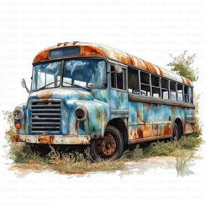Clipart de autobús abandonado / 5 archivos JPG de alta calidad / Descarga digital / Clipart de acuarela imprimible / Alta resolución / Manualidades de papel / Diario basura