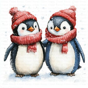 Penguin Couple Clipart | 5 High Quality JPGs | Digital Download | Wall Art | Winter Penguins | Printable Watercolor Clipart | Paper Craft