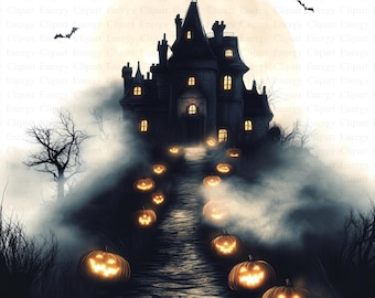 Haunted House Clipart | 5 High Quality JPG's | Digital Download | Spooky Halloween Mansion | Ghost House Art | Great for Holiday Decor