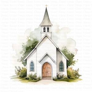 Clipart de Igreja Pequena | 5 JPGs de Alta Qualidade | Download Digital | Arte Rural | Design Religioso | Clipart de Aquarela | Decoração Espiritual