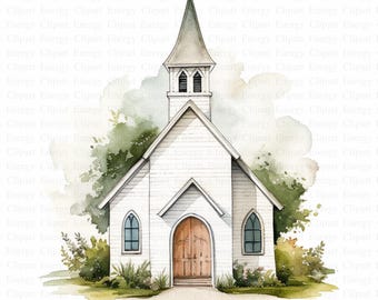 Tiny Church Clipart | 5 High Quality JPG&#39;s | Digital Download | Countryside Art | Religious Design | Watercolor Clipart | Spiritual Decor
