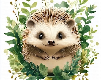 Cute Hedgehog in Greenery Clipart | 5 High Quality JPGs | Digital Download | Printable Watercolor Clipart | Paper Craft | Junk Journals