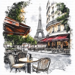 Paris Cafe Clipart | 5 High Quality JPGs | Digital Download | Vintage Paris Clipart | Printable Watercolor Clipart | Paper Craft | Wall Art