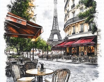 パリのカフェの水彩画クリップアートバンドル、エッフェル塔アート