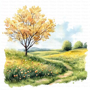 May include: A watercolor painting of a landscape with a single tree in the foreground. The tree has yellow leaves and is set against a backdrop of rolling green hills and a blue sky with white clouds. The path leads through a field of yellow wildflowers.