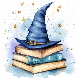 May include: Watercolor illustration of a blue wizard hat with a gold buckle, resting on a stack of three books. The books are in shades of brown and teal. Gold stars and blue watercolor splashes surround the hat and books.