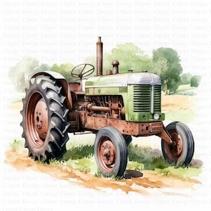 Könnte beinhalten: Aquarell-Illustration eines Oldtimer-Traktors. Der Traktor hat eine grüne Motorhaube, ein braunes Fahrgestell und große, rostrote Reifen. Der Hintergrund zeigt eine grüne Wiese und Bäume, in einem weichen, künstlerischen Stil.