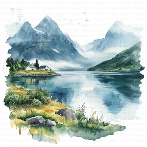 Norwegen Fjorde Landschaft Clipart | 5 hochwertige JPGs | Digitaler Download | Druckbare Aquarell Clipart | Hohe Auflösung | Papierkunst
