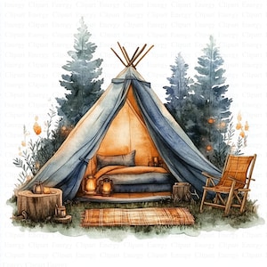 Cozy Camping Clipart | 5 High Quality JPGs | Digital Download | Wall Art | Camping Tent Clipart | Printable Watercolor Clipart | Paper Craft