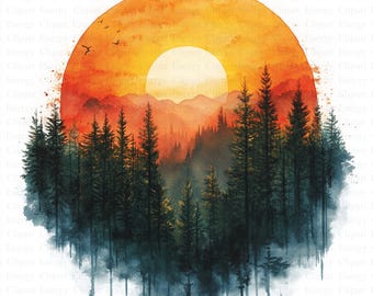 Watercolor Sunset Forest Clipart | 5 High Quality JPG's | Digital Download | Nature Art | Landscape Illustration | Forest Clipart | Scenic