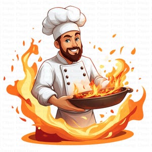 May include: A cartoon chef with a white chef's hat and beard holds a pan with flames coming out of it. The chef is smiling and looking at the viewer.
