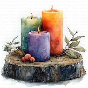 May include: Three candles of different colors, green, purple, and orange, are arranged on a wooden log slice. The candles are lit and the flames are visible. There are also some small red berries on the log slice.