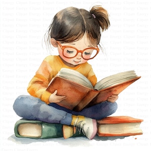 Reading Clipart | 5 High Quality JPG's | Digital Download | Book Lover Illustration | Cartoon style | Printable Design | Mixed Media