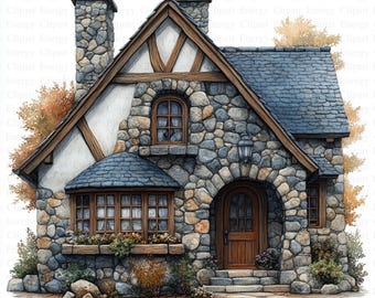Stone Cottage Clipart | 5 High Quality JPGs | Digital Download | Card Making | Mixed Media | Digital Paper Craft | Clip Art | Watercolor Art