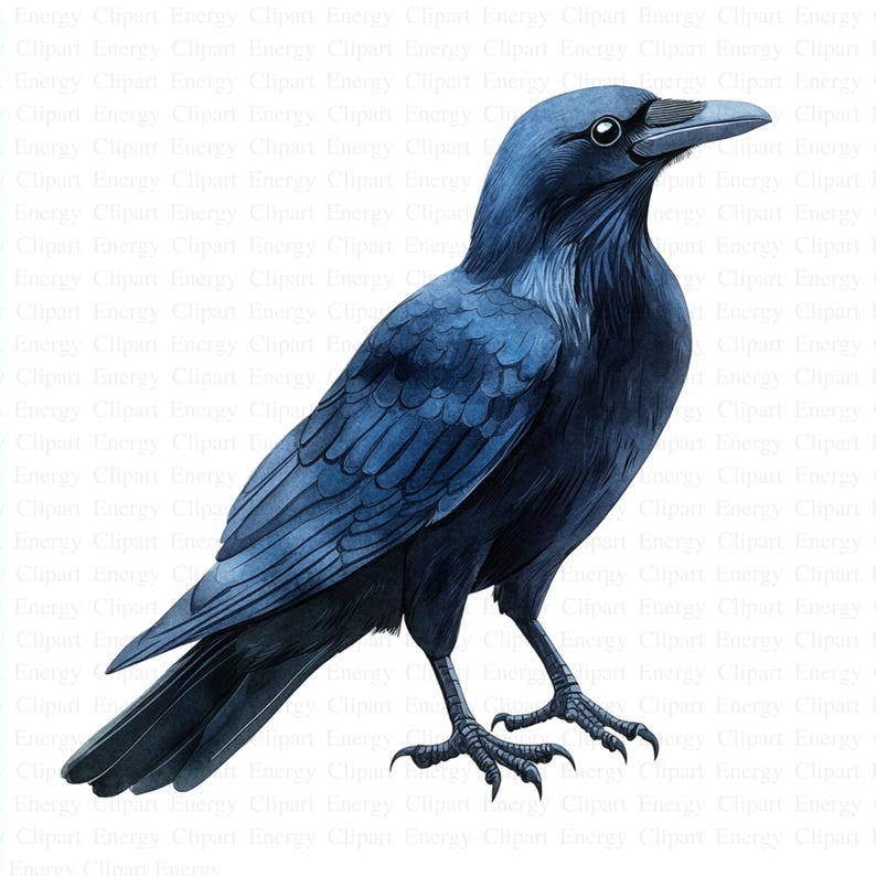 May include: A watercolor painting of a blue raven with a black beak and eyes. The raven is standing on a white background.