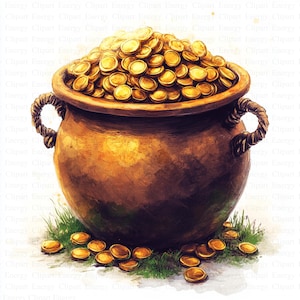 May include: A brown ceramic pot overflowing with gold coins. The pot has a rope handle and is sitting on a bed of green grass with more gold coins scattered around it.