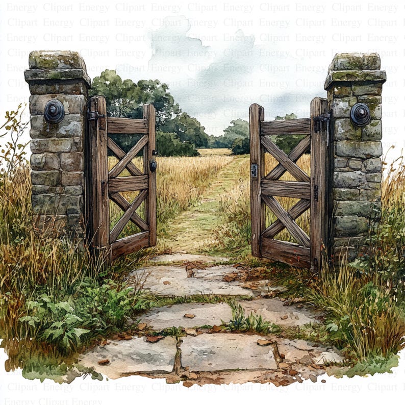 Rustic Gate Cartoon Watercolor Gates on Countryside Clipart | 5 High Quality Jpg's ...