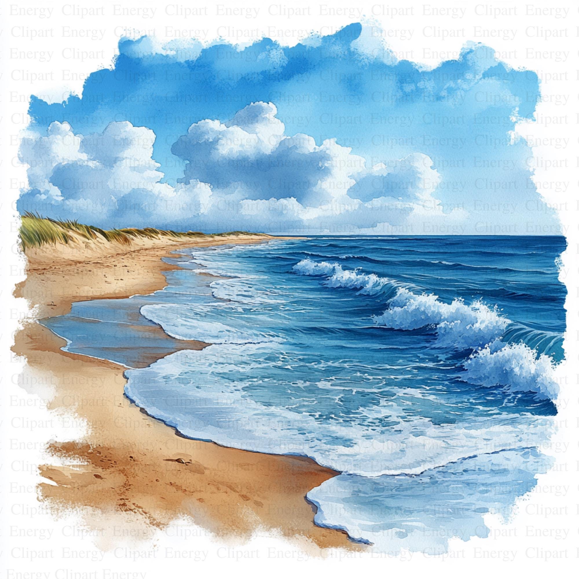 Coastal Beach Ocean Watercolor Clip Art | 5 High Quality Jpgs | Digital Download | Sublimation Graphics | Commercial Use | Scrapbooking