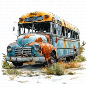Clipart de autobús abandonado / 5 archivos JPG de alta calidad / Descarga digital / Diario basura / Clipart de acuarela imprimible / Alta resolución / Manualidades de papel