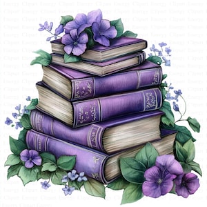 May include: A stack of purple books with gold accents, surrounded by purple flowers. The books are arranged in a pyramid shape, with the largest book at the bottom and the smallest book at the top.