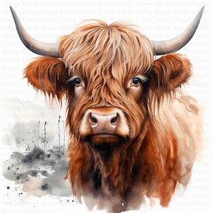 Highland Cow Clipart | 5 High Quality JPG&#39;s | Digital Download | Scottish Cow Art | Farm Animal Illustration | Mixed Media | Clipart