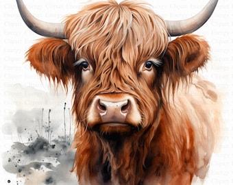 Highland Cow Clipart | 5 High Quality JPG's | Digital Download | Scottish Cow Art | Farm Animal Illustration | Mixed Media | Clipart