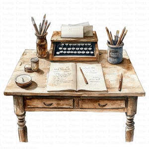 Writer&#39;s Desk Table Clipart | 5 High Quality JPGs | Digital Download | Art | Writer Clipart | Printable Watercolor Clipart | Paper Craft