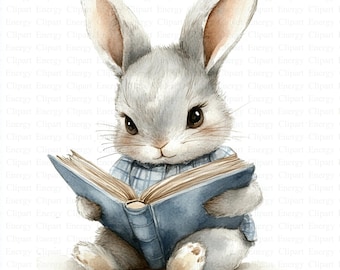 Bunny Reading Book Clipart | 5 High Quality JPGs | Digital Download | Journals | Bunny Clipart | Printable Watercolor Clipart | Paper Craft