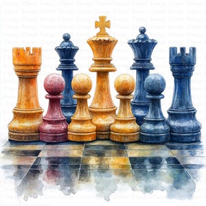 May include: A watercolor painting of a set of chess pieces on a chessboard. The pieces are arranged in a row, from left to right: a rook, a pawn, a bishop, a king, a queen, a bishop, a pawn, and a rook. The pieces are painted in a realistic style, with details such as the wood grain and the metal accents. The chessboard is painted in a traditional black and white pattern.