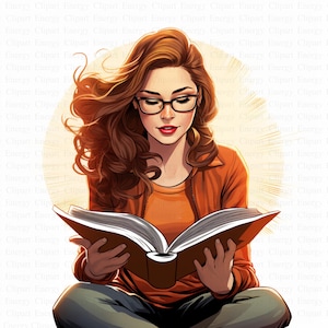 Girl Reading Clipart | 5 High Quality JPG&#39;s | Digital Download | Book Lover Art | Girl with Book | Printable Design | Digital Crafting