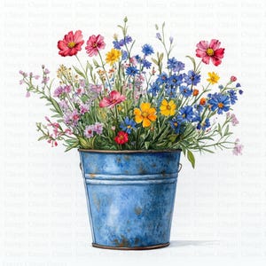 Wildflowers Clipart | 5 High Quality JPGs | Digital Download | Wild Flowers in Bucket | Printable Watercolor Clipart | Paper Craft | Art