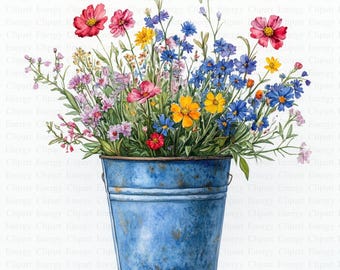 May include: A blue metal bucket filled with a colorful bouquet of wildflowers. The flowers include pink, yellow, and blue blooms.