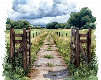 Gates on Countryside Clipart | 5 High Quality JPG's | Digital Download | Rustic Gate Clipart | Country Landscape Illustration | Clipart