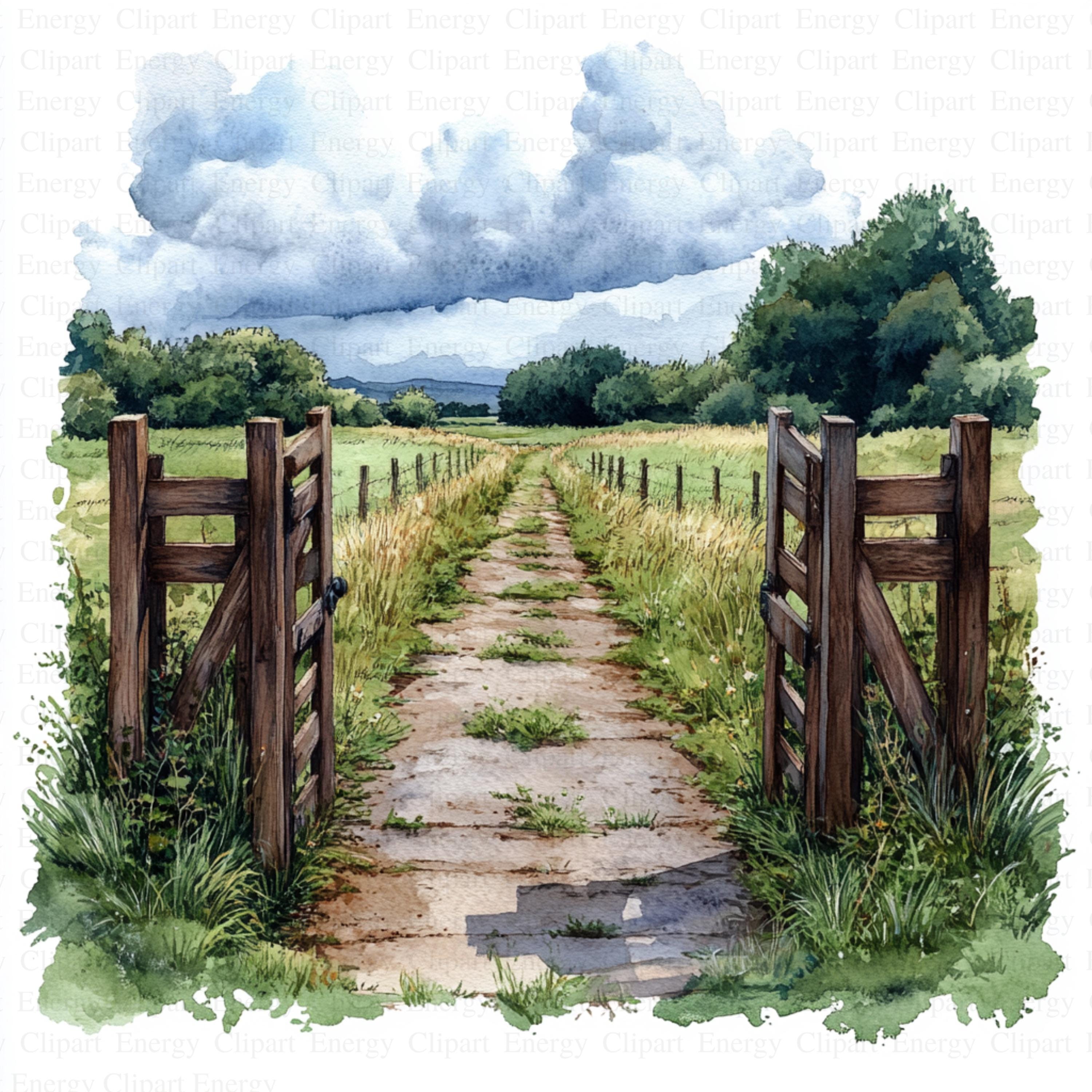 Gates on Countryside Clipart | 5 High Quality Jpg's | Digital Download |  Rustic Gate Clipart | Country Landscape Illustration | Clipart - Etsy, image size:3000x3000