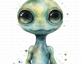 Alien Clipart | 5 High Quality JPGs | Digital Download | Junk Journals | Aliens Clipart | UFO | Printable Watercolor Clipart | Paper Craft