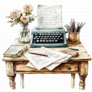 Writer&#39;s Desk Table Clipart | 5 High Quality JPGs | Digital Download | Writer Clipart | Printable Watercolor Clipart | Paper Craft | Art