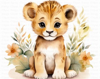 Cute Lion Cub Clipart | 5 High Quality JPG&#39;s | Digital Download | Safari Animal | Baby Lion Illustration | Printable Design | Mixed Media