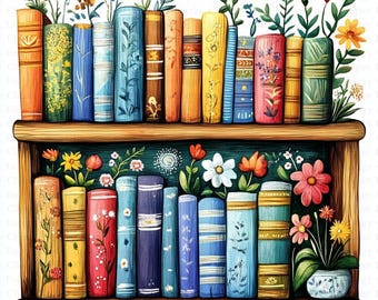 Floral Bookshelf Clipart | 5 High Quality JPGs | Digital Download | Colored Bookshelf | Printable Watercolor Clipart | Paper Craft | Clipart
