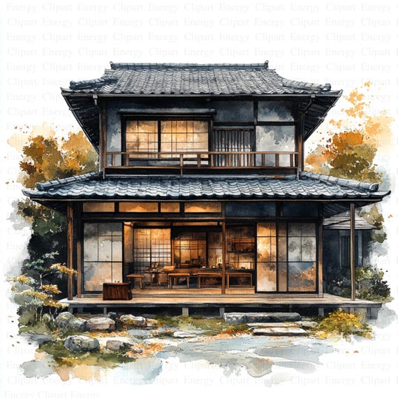 日本風の家屋の絵 日本の家クリップアート | 5 つの高品質 JPG | デジタル ダウンロード