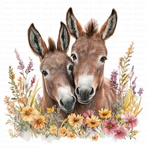 Puede incluir: Dos burros marrones con orejas grandes miran a la cámara. Están rodeados de una variedad de flores coloridas, incluyendo amarillas, rosas y moradas.
