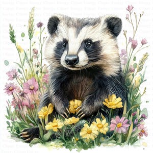 Badger in Meadow Clipart | 5 High Quality JPGs | Digital Download | Wall Art | Printable Watercolor Clipart | High Resolution | Paper Crafts