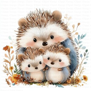 Desenhos animados da família do ouriço Clipart | 5 JPGs de alta qualidade | Download digital | Ouriço boho | Clipart de aquarela para impressão | Artesanato em papel | Arte