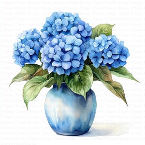 Hydrangea in Vase Clipart | 5 High Quality JPGs | Digital Download | Wall Art | Blue Hortensia | Printable Watercolor Clipart | Paper Craft